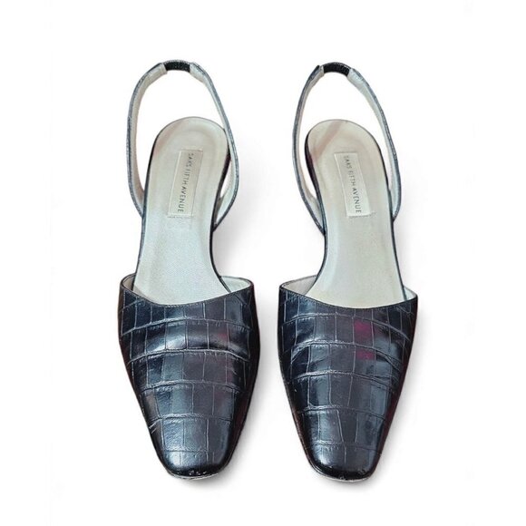 SAKS FIFTH AVENUE black leather square toe slingback 2.5" low heels size 8B - Picture 3 of 15